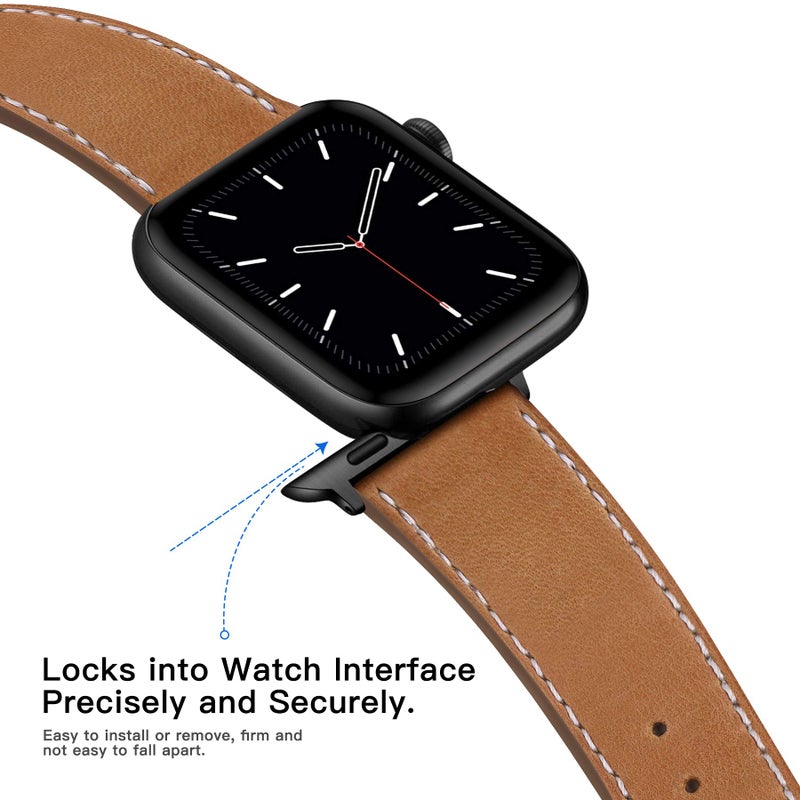 MARGE PLUS Compatible with Apple Watch Band 42mm 44mm, Genuine Leather Replacement Band Compatible with Apple Watch Series 5 4 (44mm) Series 3 2 1 (42mm), Brown Band/Black Adapter - Image 3